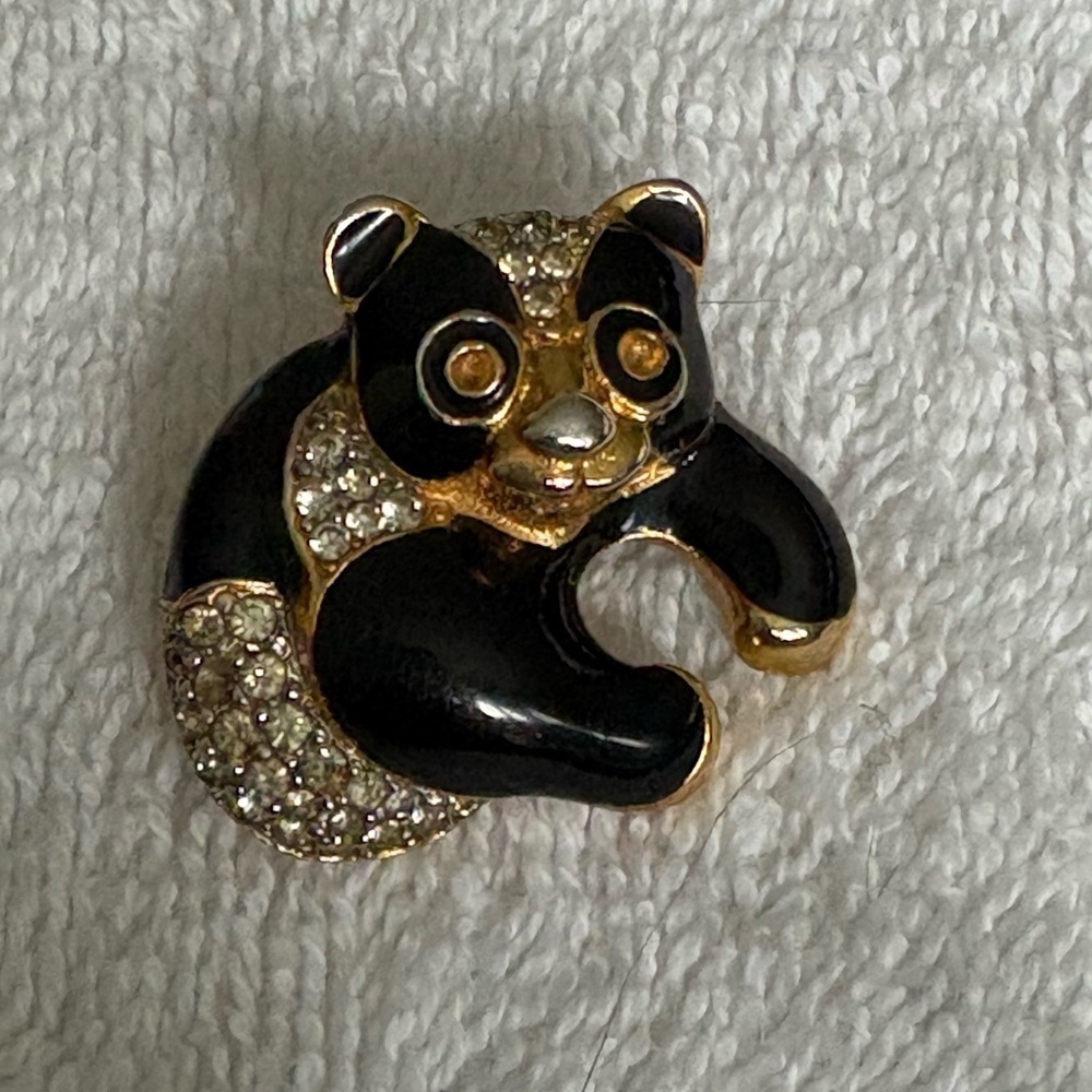 Vintage 1980s-90s Gold Tone Black Enamel Crystal Panda Bear Pin Brooch Unisex